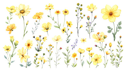 Fototapeta premium Watercolor Floral Set Clipart: Botanical Collection of Vertical Arrangements with.Ferns, Flowers, and Grasses in Dusty Blue and Beige