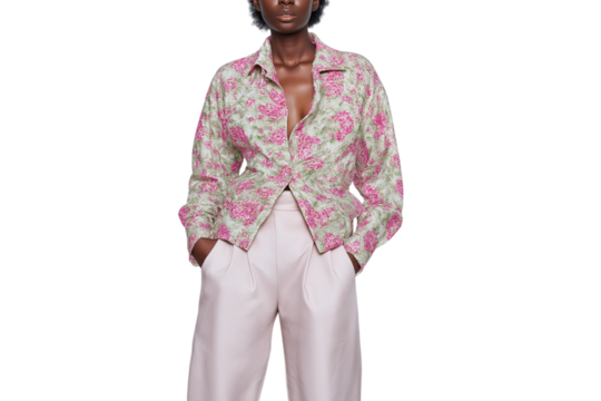 Elegant fashion model posing gracefully in vibrant floral shirt and pants isolated on white background - Powered by Adobe