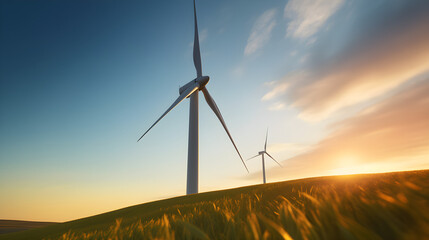 Low-Angle View of Wind Turbine In the Day with Clear Sky, Onshore Wind Farm, Wind Energy, Sustainable Energy