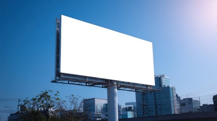 Obraz premium A large blank billboard stands against a clear blue sky with buildings in the background