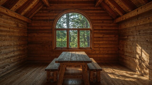 Inside a rustic cabin, a plain wooden table and benches sit beneath an arched window overlooking vibrant green foliage.