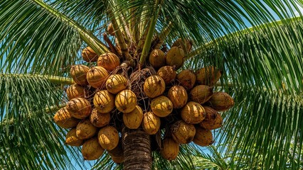 Many coconuts are attached to the palm tree