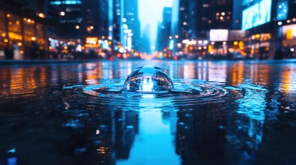 Rain-slicked city street, reflecting lights, with a water droplet creating ripples