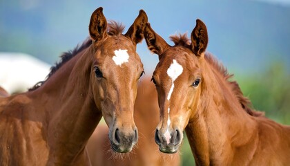 Obraz premium Twin Foals: Close-Up of Chestnut Horses with White Markings in a Field