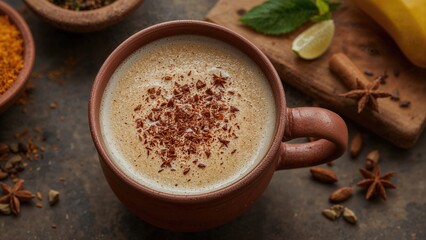 Rustic clay cup filled with a hot, sweet masala tea latte crafted from fresh spices and herbal blend, promoting wellness