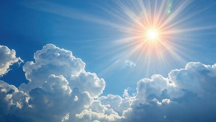 Sacred Sky Panorama - Wide azure expanse dotted with fluffy clouds and a luminous orange-yellow sun emanating divine energy