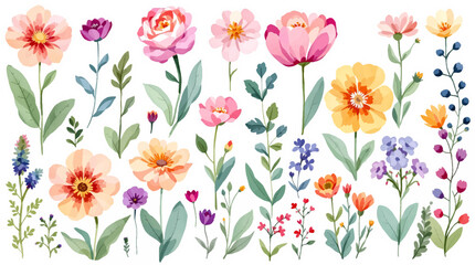 Colorful spring flowers, bouquet of flowers, Set of watercolor wild flowers, set of flowers clipart