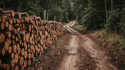 Stacked logs by a muddy dirt path in a forest setting