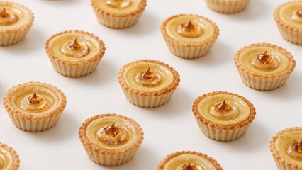Cup-sized milk tart treats displayed on a white background featuring selective focus and generous empty space.