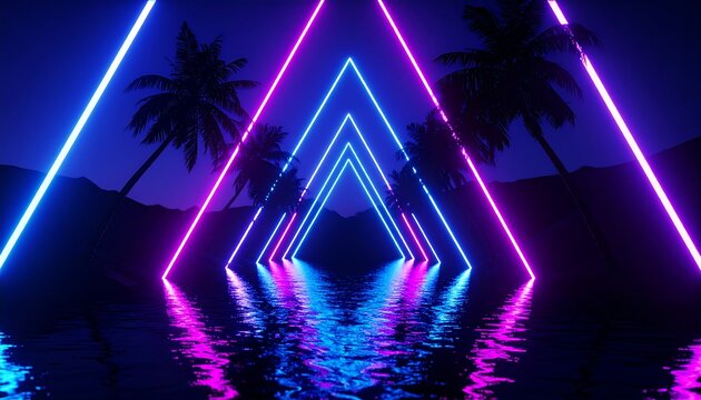 Neon Palm Trees and Geometric Light Reflections on Water Surface