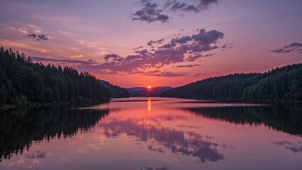 Fototapeta premium Charming twilight scene by the forest water