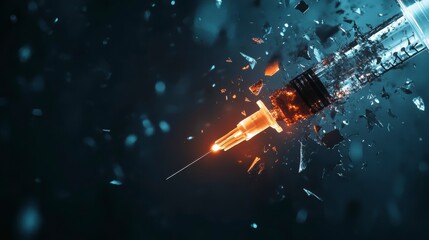 Shattered syringe with needle and glowing tip, dark background, dramatic lighting, medical waste disposal concept.