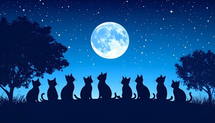 Cute cat silhouettes sitting and stretching under the full moon in a starry night sky. Whimsical, peaceful illustration with dreamy blue tones and night forest ambiance.