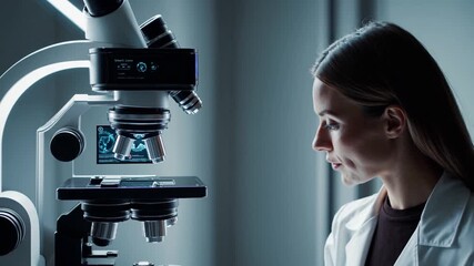 Focused researcher analyzing samples under a microscope in a lab environment during daytime - Powered by Adobe