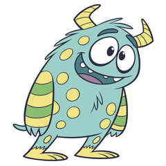A friendly cartoon monster with teal fur yellow spots and horns smiles widely