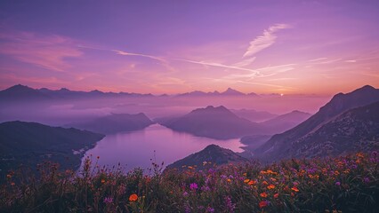 The mountains enveloped in mist glow with a purple light, clouds meandering slowly overhead.