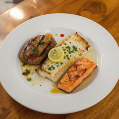 Gourmet Plate of Seared Salmon, Grilled Foie Gras, and Cod with Lemon Garnish