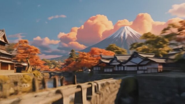 A pagoda tower in a Japanese riverside village. Mountains in the background with orange sunset clouds. A view of a village street, orange maple trees, and autumn leaves. 4K video.