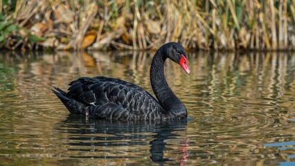 Fototapeta premium Isolated Black Swan Swimming in a Pond During Fall Season