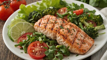 Charred Salmon Fillet Accompanied by a Fresh Mix of Tomato, Lettuce, Arugula, Broccoli, and Green Beans Salad. Healthy Mediterranean Fare