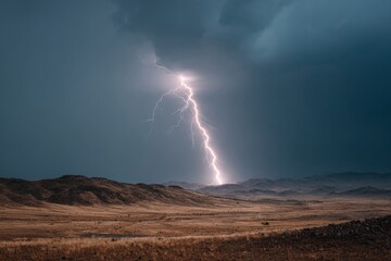 Powerful Lightning Bolt Striking Near a Desert Landscape