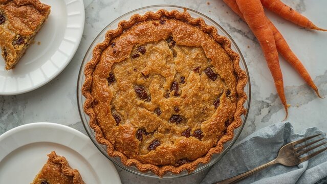 Close-up from above of a gluten-free, milk-free, egg-free carrot and raisin pie slice, emphasizing healthy eating with space for text, high-resolution image.