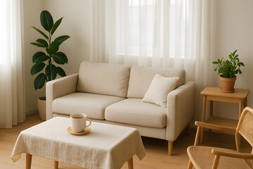 Serene Living Room Scene with Beige Sofa, Plants, and Coffee Cup