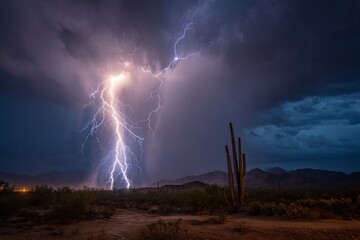 Desert Thunderstorm at Night with Lightning Striking the Horizon