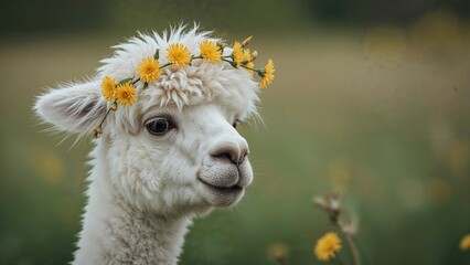 Obraz premium Beautiful white alpaca wearing a wreath made of dandelion blossoms, a camelid from South America