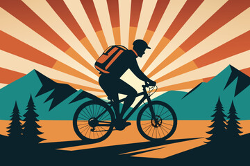 Fototapeta premium Retro Mountain Biker Illustration Silhouette of Cyclist Riding Through a Scenic Landscape with Mountains