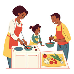 Happy black family cooking together in the kitchen with fresh ingredients on the counter