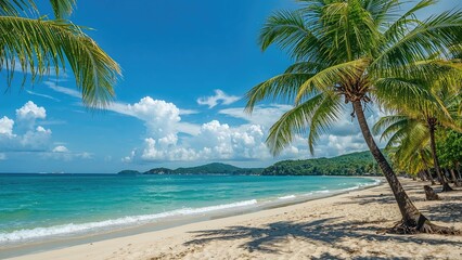 Fototapeta premium Sunlit beachscape with lush palms, clear skies, and bright turquoise sea