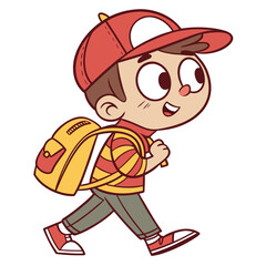 Happy cartoon boy wearing a red cap and striped shirt carrying a yellow backpack walking