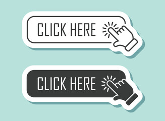 Click here banner sticker icon in flat style. Ecommerce vector illustration on isolated background. Shopping button sign business concept.