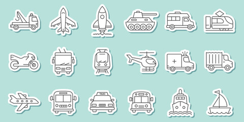 Transport sticker icon set in line stroke flat style. Transportation vector illustration on isolated background. Vehicle sign business concept.