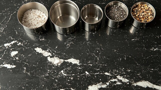 Assorted spices in metal containers on dark surface