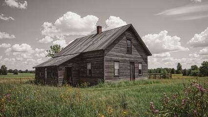Obraz premium Old-fashioned black and white card depicting a timber farmhouse surrounded by grass