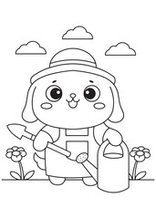 Coloring book puppy gardening with a watering can and shovel.
