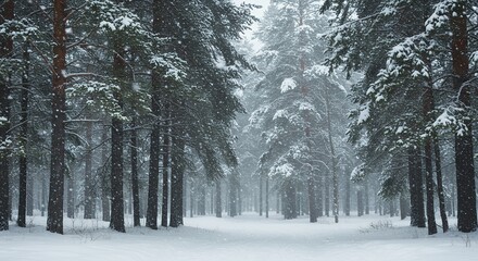 Snowladen trees fill a dense wintry forest ground covered in snow Falling snow visible
