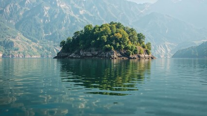 Fototapeta premium Dam reservoir showcasing reflection of green island