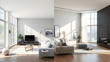 Two contrasting minimalist living spaces side by side, highlighting transformation in natural daylight.