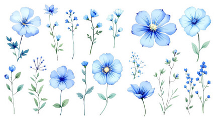 Beautiful blue floral pattern with spring blossoms and green leaves on a white background for an elegant nature-inspired vector illustration design