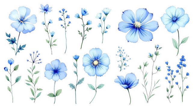 Beautiful blue floral pattern with spring blossoms and green leaves on a white background for an elegant nature-inspired vector illustration design - Powered by Adobe