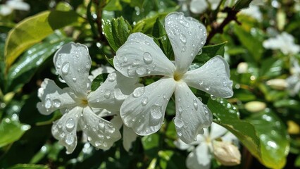 White flower with water droplets on petals after rain in sunlight during summer