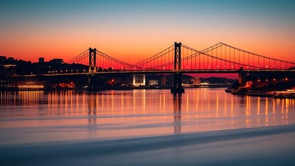 Fototapeta premium Silhouetted suspension bridge at dusk with city lights