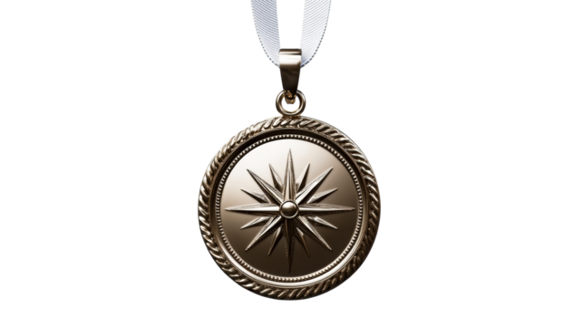 Shiny silver medal with compass design on transparent background