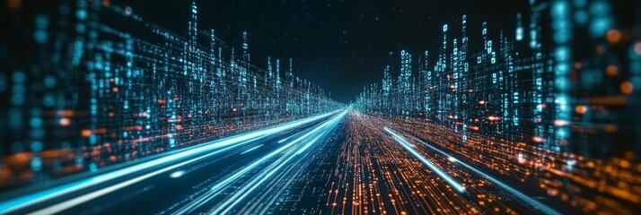 Futuristic Abstract Cityscape with Data Stream Highway and Digital Network in Seamless Background
