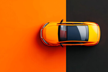 Stylish car captured from above on a striking orange and black background with minimalist design elements