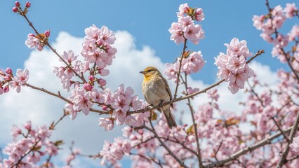 Cherry blossoms in peak bloom with a tiny white bird