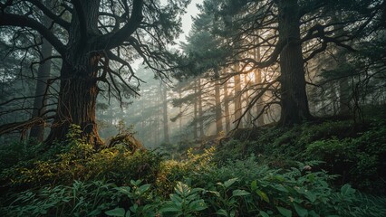 Obraz premium Fog-covered green forest with thick foliage